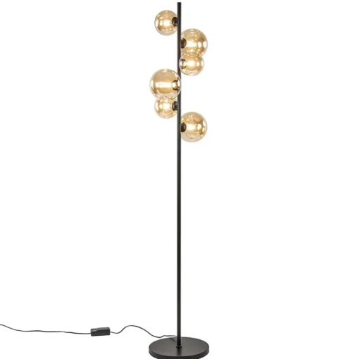 Art Deco vloerlamp zwart met amber glazen bollen>Straluma Online