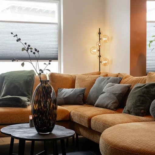 Art Deco vloerlamp zwart met amber glazen bollen>Straluma Online
