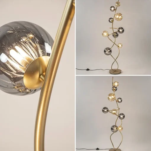 Chique vloerlamp goud met smoke en amber glazen bollen>Straluma