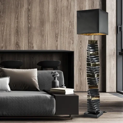 Design vloerlamp keramiek zwart/goud met zwarte kap>Straluma Discount