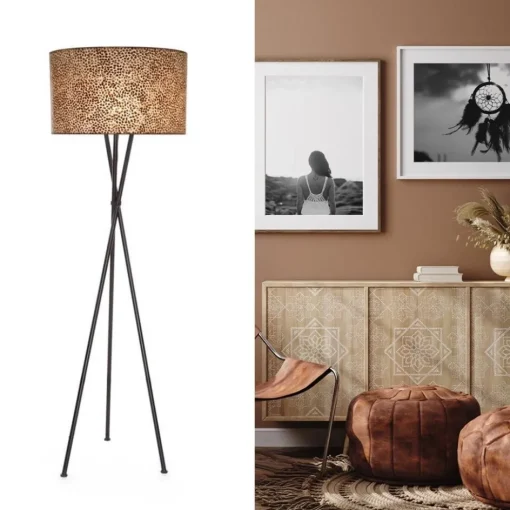 Driepoot schelpen vloerlamp zwart met bruin en goud>Straluma