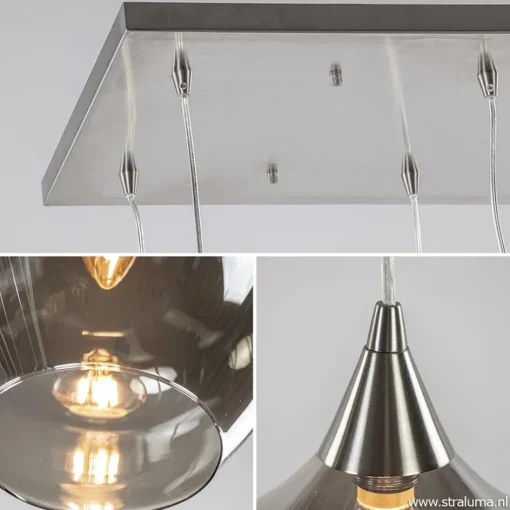 Eettafelhanglamp nikkel met smokey glas 8-lichts>Straluma Outlet