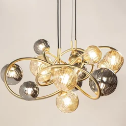 Grote hanglamp goud met amber/smoke glazen bollen></noscript>Straluma