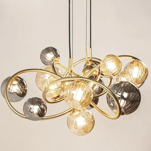 Grote hanglamp goud met amber/smoke glazen bollen>Straluma