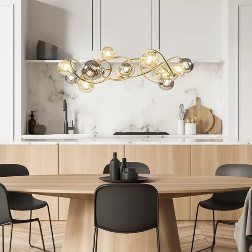 Grote hanglamp goud met amber/smoke glazen bollen>Straluma