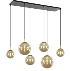 Grote 6-lichts eettafelhanglamp messing met amber glazen bollen>Straluma Hot