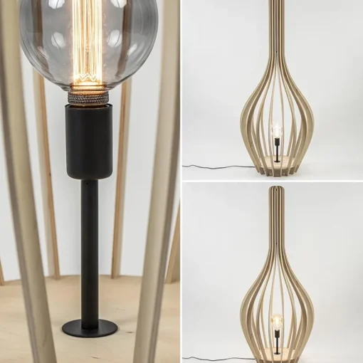 Grote vloerlamp kegel naturel hout met zwart>Straluma Outlet