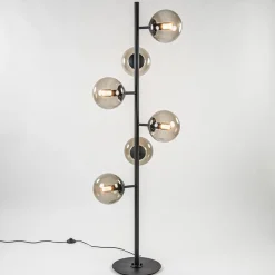 Grote vloerlamp 6-lichts zwart met smoke glazen bollen>Straluma New