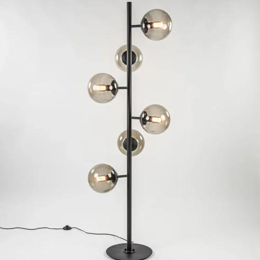 Grote vloerlamp 6-lichts zwart met smoke glazen bollen>Straluma New