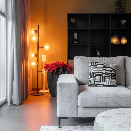Grote vloerlamp 6-lichts zwart met smoke glazen bollen>Straluma New