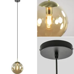 Hanglamp amber glazen bol 25 cm met messing>Straluma Discount