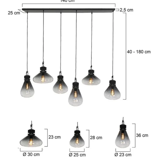 Hanglamp Flere 6L zwart smoke/clear glas>Straluma Online