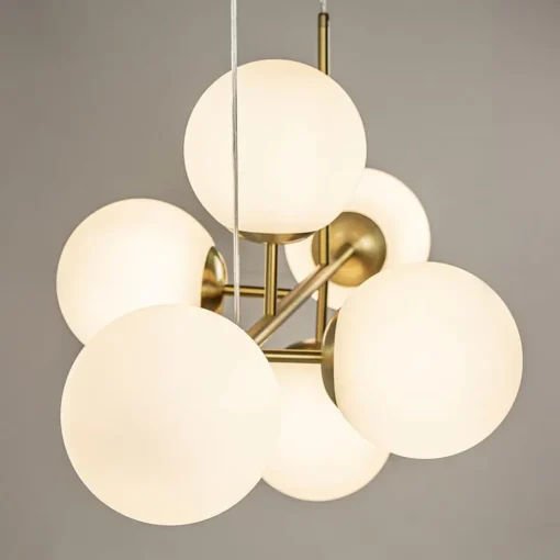 Hanglamp 6L brass met opaal bolglas>Straluma Discount