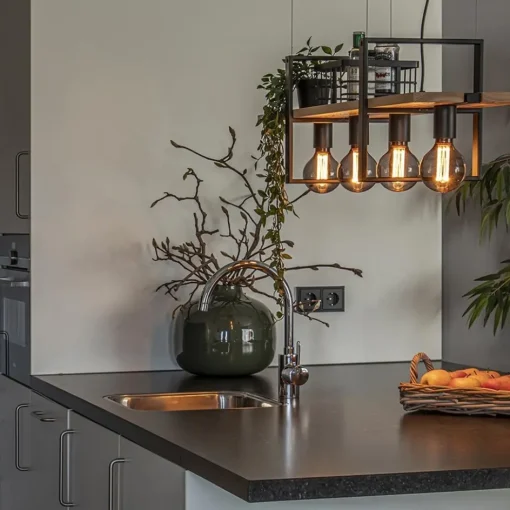 Hanglamp 4L zwart met houten planken>Straluma Clearance