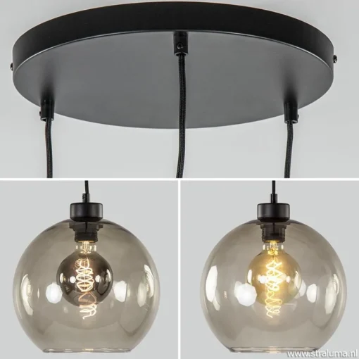 Hanglamp 3-lichts rond glas smoke 25 cm>Straluma New