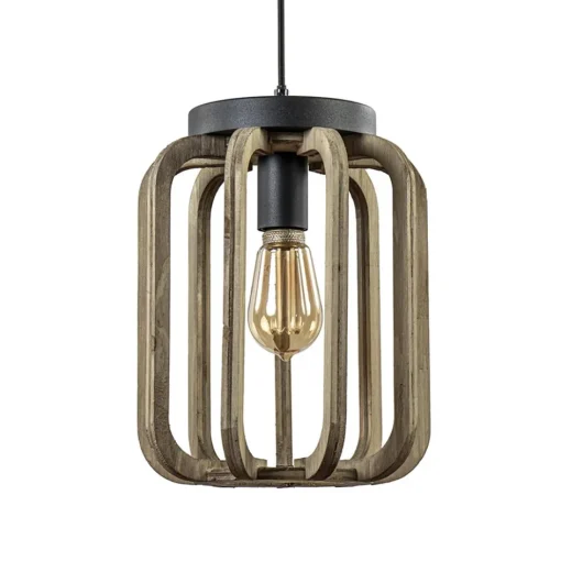 Industrieel landelijke hanglamp mat zwart met ruw hout>Straluma