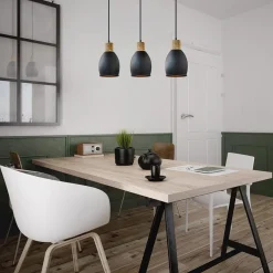 Industrieel landelijke hanglamp 3-lichts zwart met hout><noscript><img width=