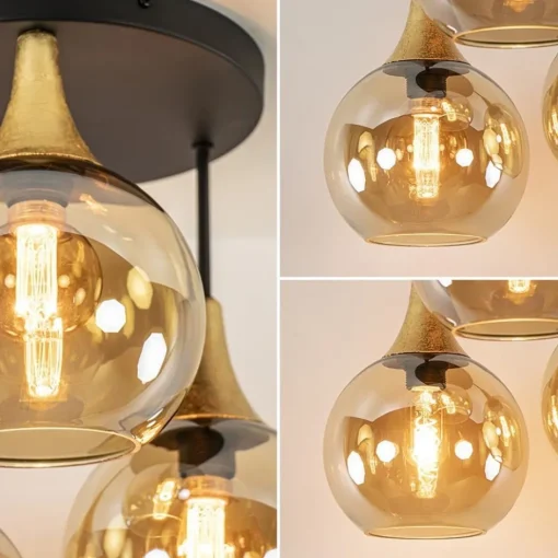 Klassieke plafondlamp zwart/goud met amber glas>Straluma Best