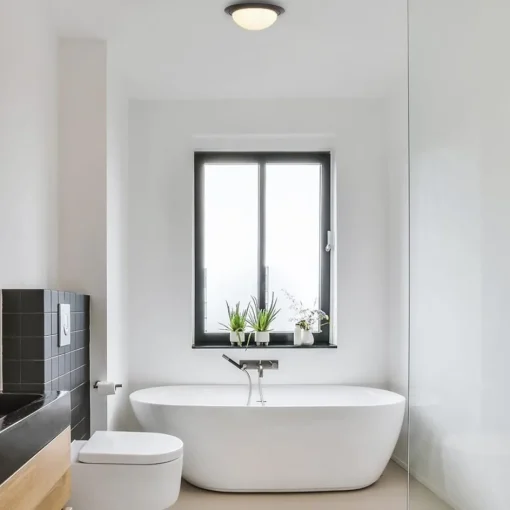 Kleine LED plafondlamp zwart met wit glas IP44>Straluma Discount