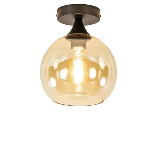 Kleine plafondlamp zwart met amber glazen bol>Straluma Best