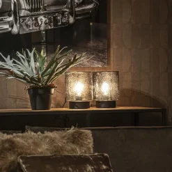 Kleine tafellamp zwart met smoke glazen kap><noscript><img width=