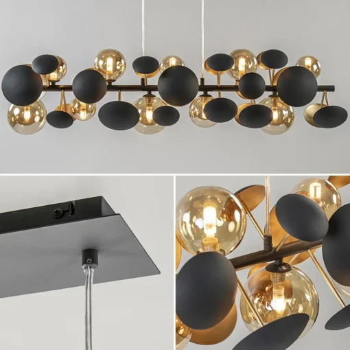 Langwerpige hanglamp grijs/goud + amber glas>Straluma Best