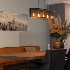 Langwerpige hanglamp mat zwart metaal met goud></noscript>Straluma Sale
