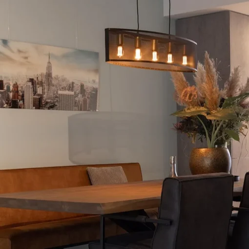 Langwerpige hanglamp mat zwart metaal met goud>Straluma Sale