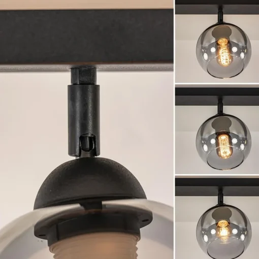 Langwerpige plafondlamp mat zwart met smoke glazen bollen>Straluma Online