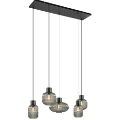 5-Lichts eettafelhanglamp geribbeld smoke glas met zwart>Straluma Best