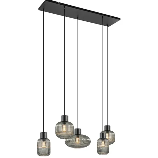5-Lichts eettafelhanglamp geribbeld smoke glas met zwart>Straluma Best