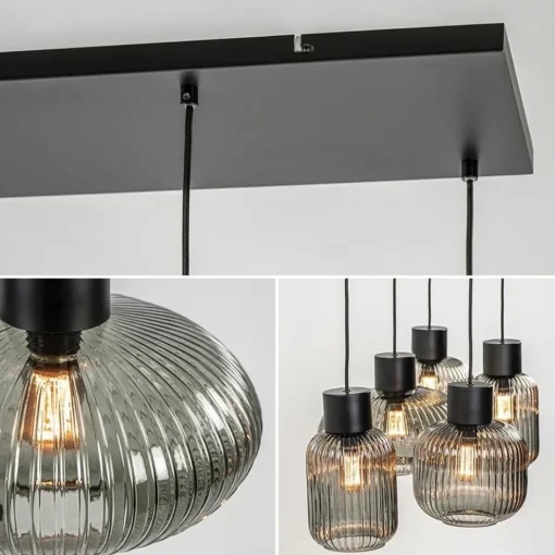 5-Lichts eettafelhanglamp geribbeld smoke glas met zwart>Straluma Best