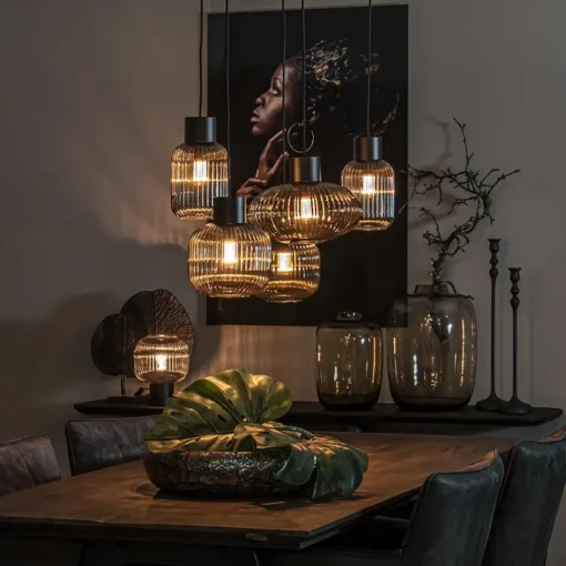 5-Lichts eettafelhanglamp geribbeld smoke glas met zwart>Straluma Best