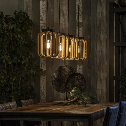 4-Lichts eettafelhanglamp mat zwart met ruw hout>Straluma