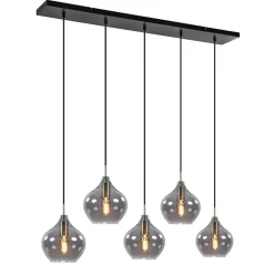 5-Lichts eettafelhanglamp Rakel antiek brass met smoke glas>Straluma Sale