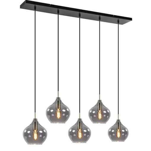 5-Lichts eettafelhanglamp Rakel antiek brass met smoke glas>Straluma Sale