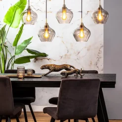 5-Lichts eettafelhanglamp Rakel antiek brass met smoke glas></noscript>Straluma Sale