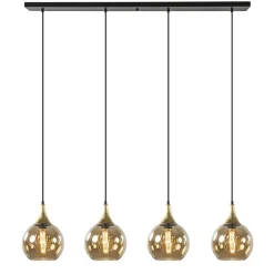 4-Lichts eettafelhanglamp zwart/goud met amber glazen bollen>Straluma Hot