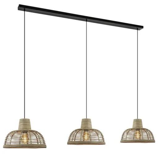 3-Lichts eettafelhanglamp zwart met rotan kappen>Straluma Outlet