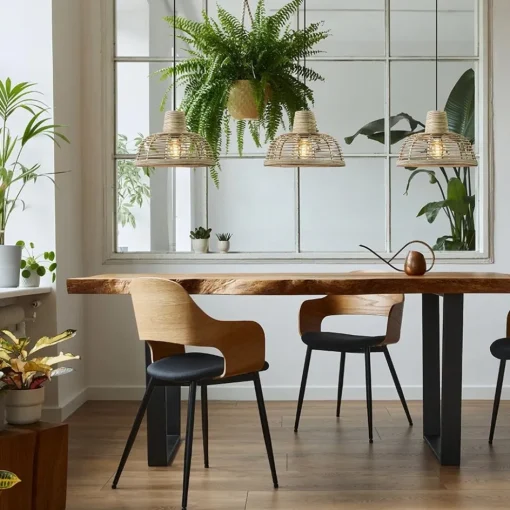 3-Lichts eettafelhanglamp zwart met rotan kappen>Straluma Outlet
