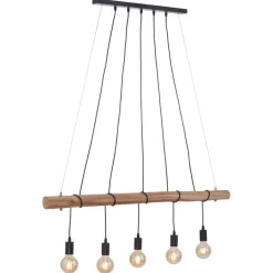 5-Lichts hanglamp houten balk met zwarte pendels>Straluma Outlet