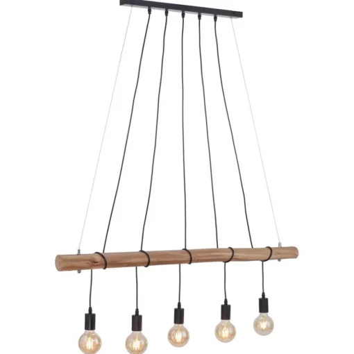5-Lichts hanglamp houten balk met zwarte pendels>Straluma Outlet