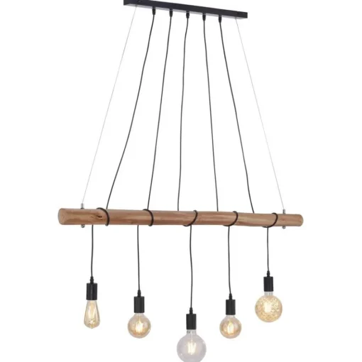 5-Lichts hanglamp houten balk met zwarte pendels>Straluma Outlet