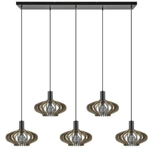 5-Lichts hanglamp zwart met naturel houten kappen>Straluma New