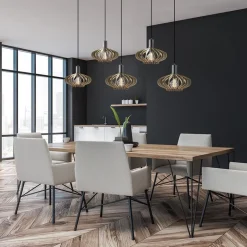 5-Lichts hanglamp zwart met naturel houten kappen></noscript>Straluma New