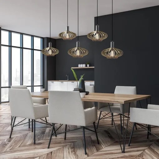5-Lichts hanglamp zwart met naturel houten kappen>Straluma New