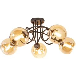 5-Lichts klassieke plafondlamp zwart met amber glazen bollen>Straluma Online
