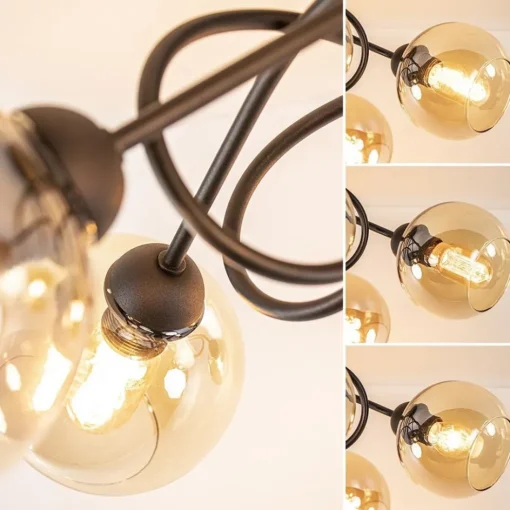 5-Lichts klassieke plafondlamp zwart met amber glazen bollen>Straluma Online