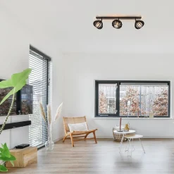 3-Lichts plafondlamp zwart met verstelbare houten kappen></noscript>Straluma New