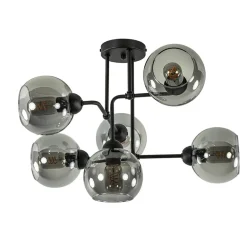 6-Lichts plafondlamp zwart met smoke glazen bollen>Straluma Hot